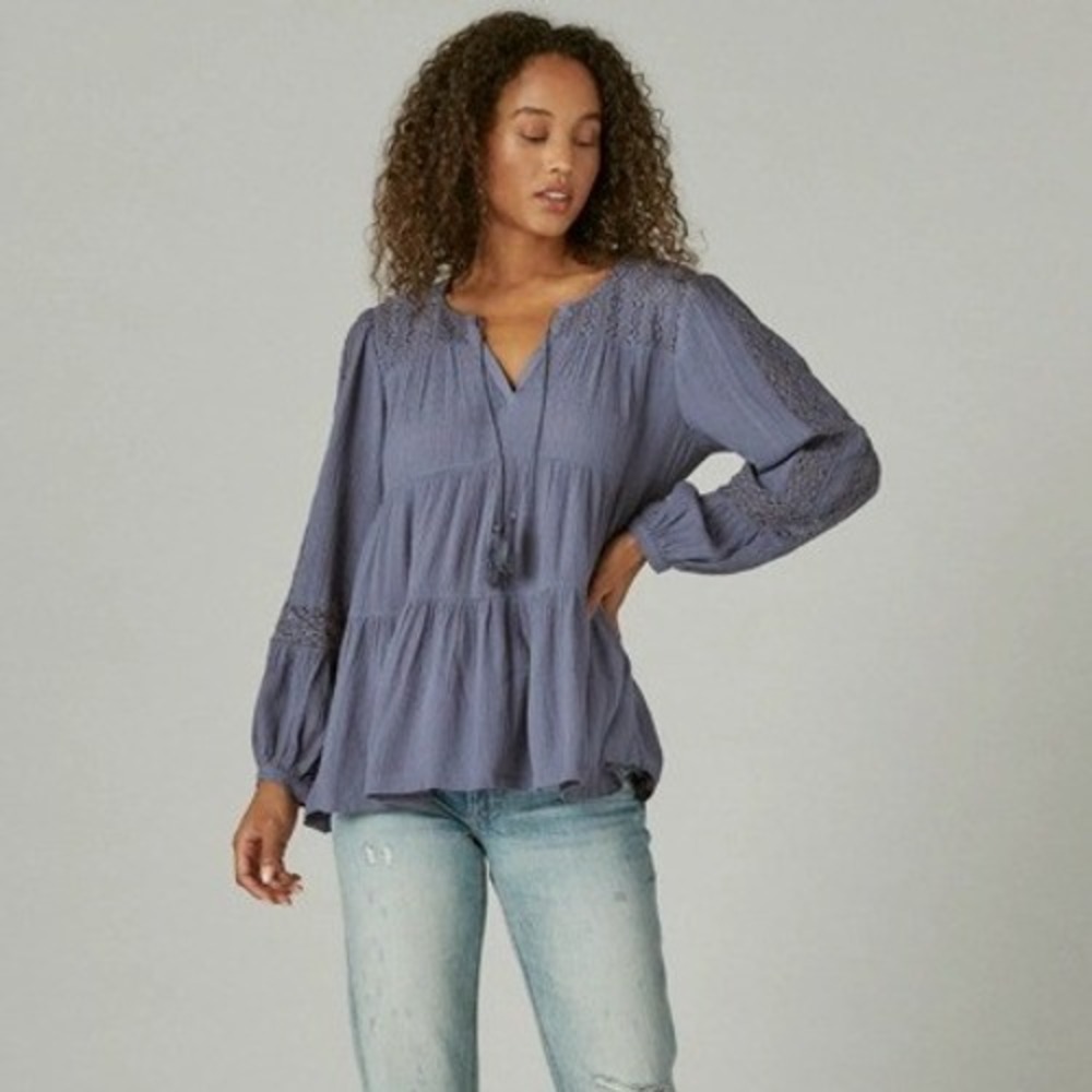 $90 Lucky Brand Lace Tiered Peasant Top XL Blue Cotton Gauze Crochet Boho Flowy